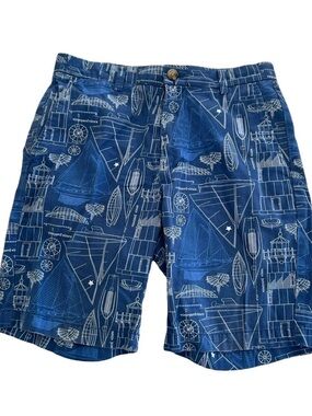 Vineyard Vines Navy Blue Shorts with White Nautical Print and Pink Whale Patch